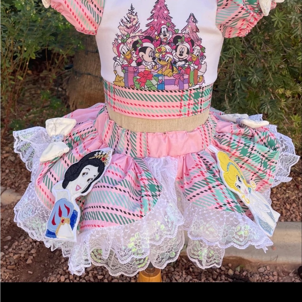 Pink Plaid Kids Formal Dress with Cartoon Characters